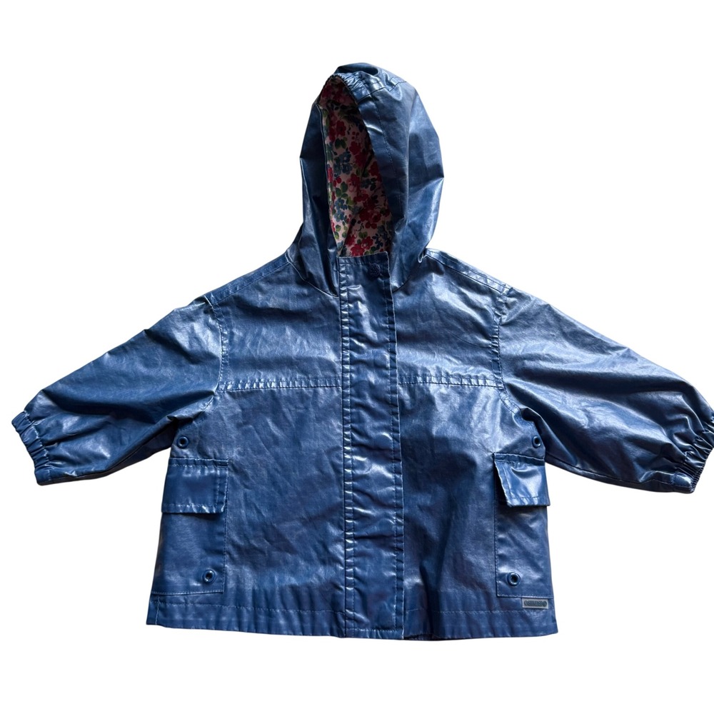 OshKosh Raincoat Girls 12M Blue Metallic Floral Lined Hooded Rain Jacket
